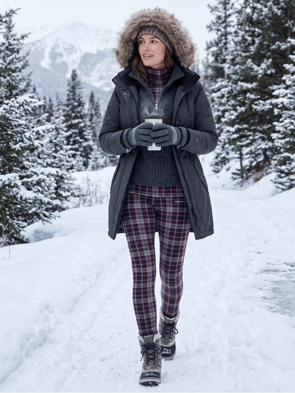 Just Cozy Tartan Plaid Fleece Lined Thermal Leggings Pants M/L Maroon Gray Black